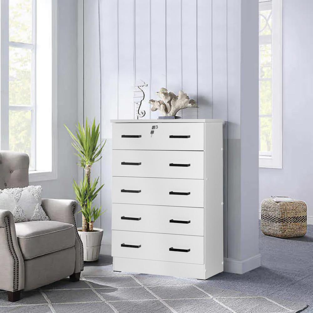 Better Home Products Cindy 5 Drawer Chest Wooden Dresser with Lock in White. Picture 9