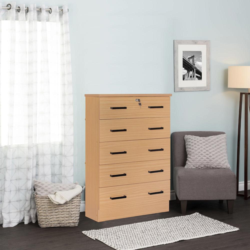 Better Home Products Cindy 5 Drawer Chest Wooden Dresser with Lock Beech (Maple). Picture 10