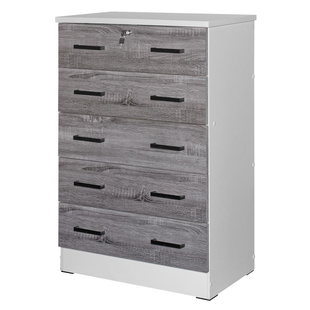 Better Home Products Cindy 5 Drawer Chest Wooden Dresser with Lock in White/Gray. Picture 3