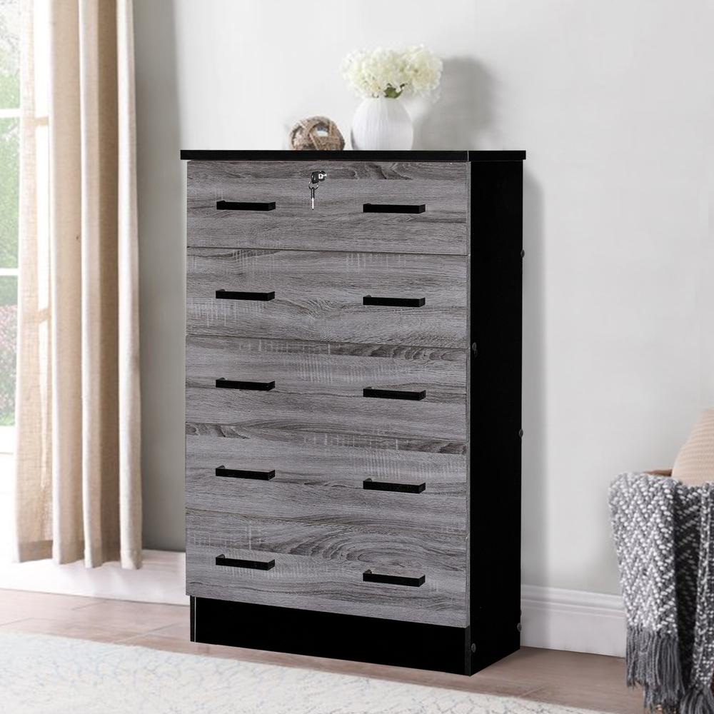 Better Home Products Cindy 5 Drawer Chest Wooden Dresser with Lock in Ebony. Picture 6