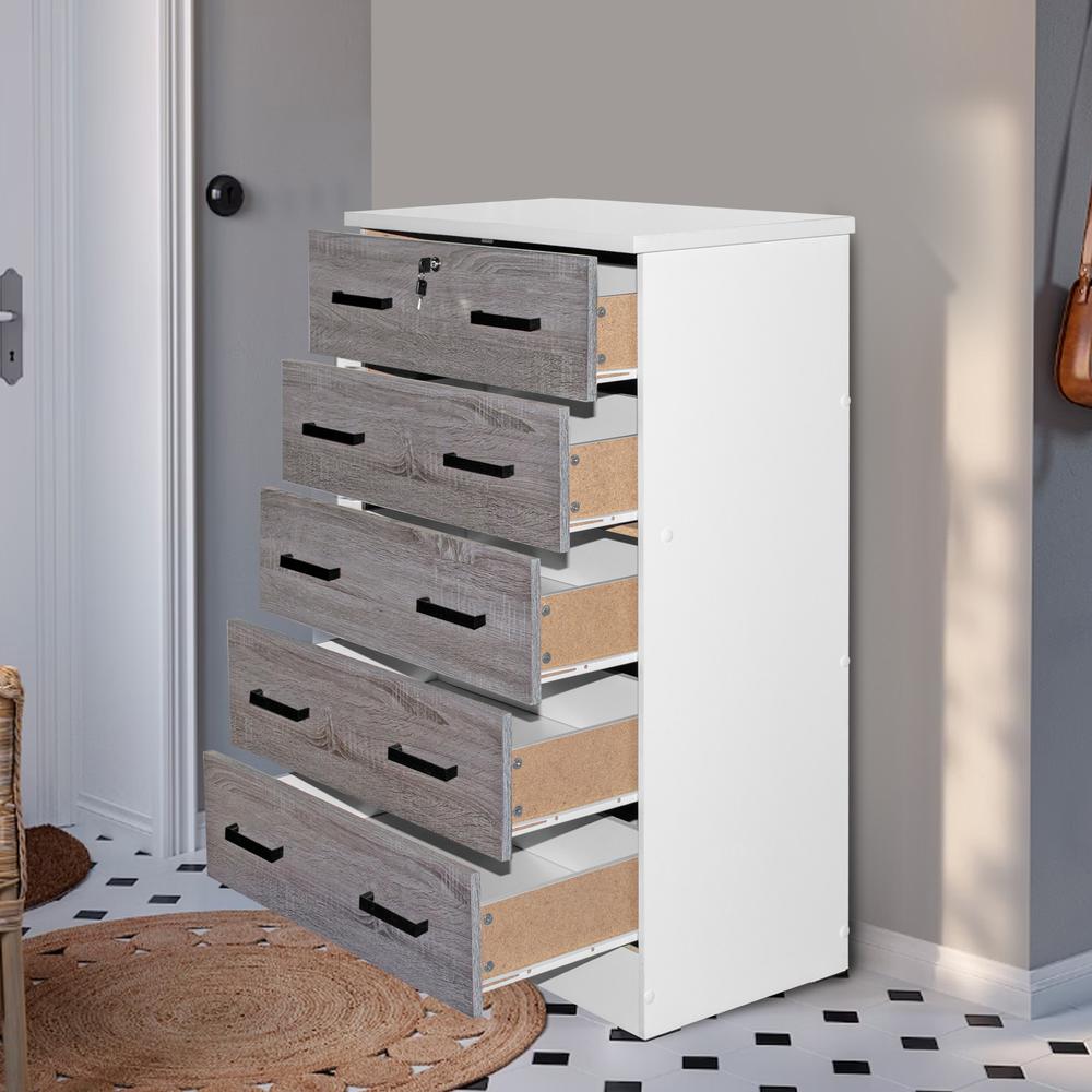 Better Home Products Cindy 5 Drawer Chest Wooden Dresser with Lock in White/Gray. Picture 7