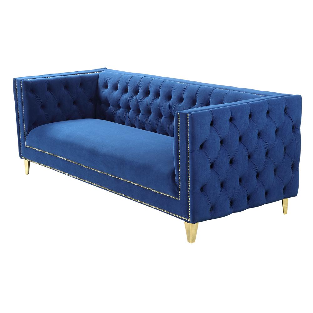 Luxe Velvet Sofa with Gold Legs, Gold Nail head Trim and Button-Tufted Design. Picture 3