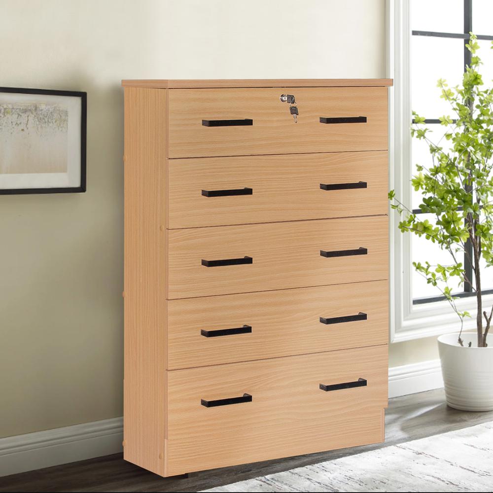 Better Home Products Cindy 5 Drawer Chest Wooden Dresser with Lock Beech (Maple). Picture 8