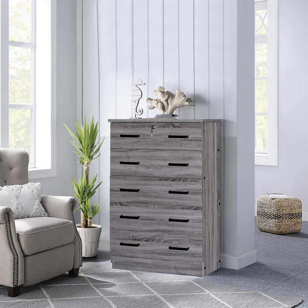 Better Home Products Cindy 5 Drawer Chest Wooden Dresser with Lock in Gray. Picture 9