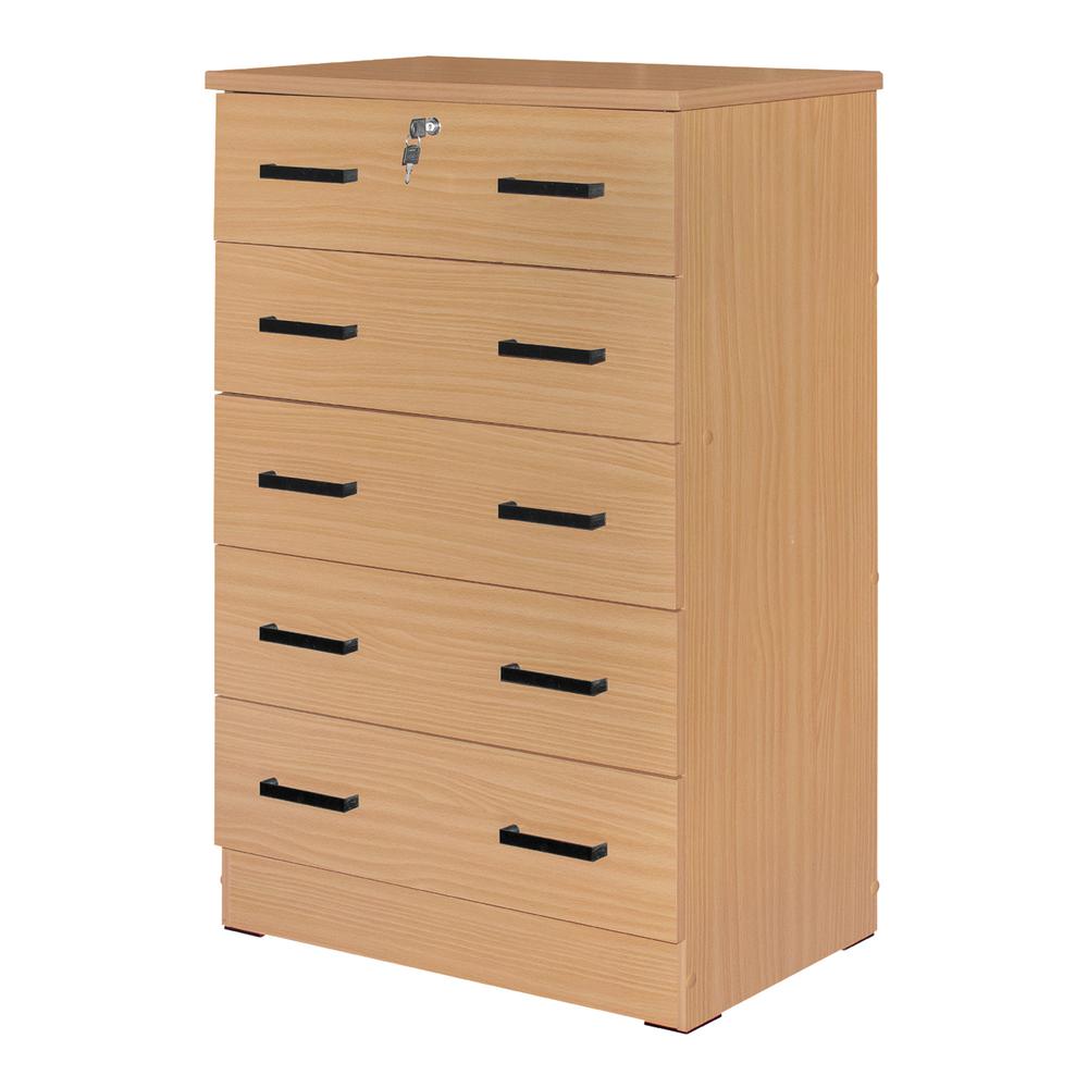 Better Home Products Cindy 5 Drawer Chest Wooden Dresser with Lock Beech (Maple). Picture 4