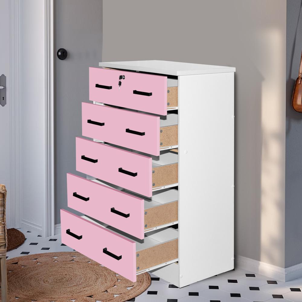 Better Home Products Cindy 5 Drawer Chest Wooden Dresser with Lock in Pink. Picture 9