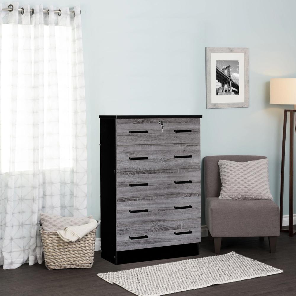 Better Home Products Cindy 5 Drawer Chest Wooden Dresser with Lock in Ebony. Picture 13