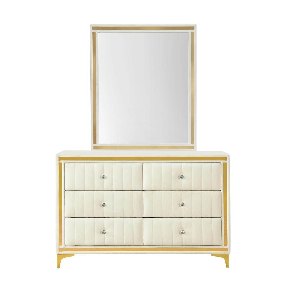 Velvet 6 Drawer Dresser with Gold Legs and Trim. Picture 1