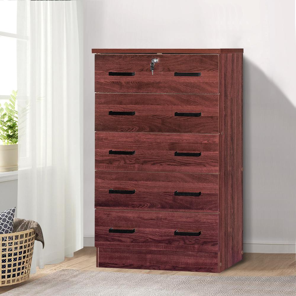 Better Home Products Cindy 5 Drawer Chest Wooden Dresser with Lock in Mahogany. Picture 4