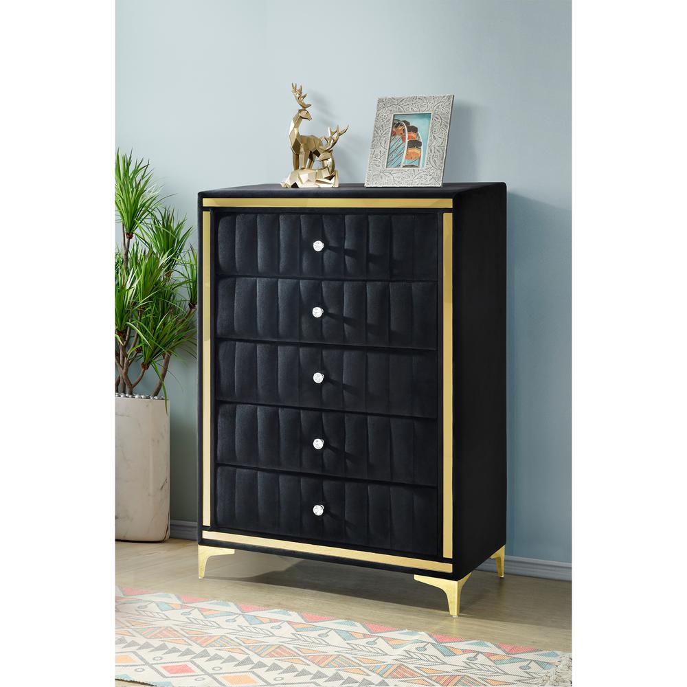 Upholstered 5-Drawer Chest Dresser with Gold Legs and Gold Trim. Picture 12