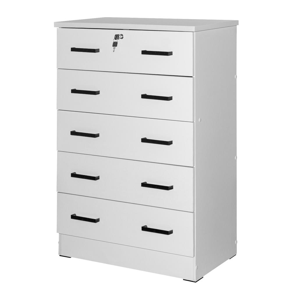 Better Home Products Cindy 5 Drawer Chest Wooden Dresser with Lock in White. Picture 4