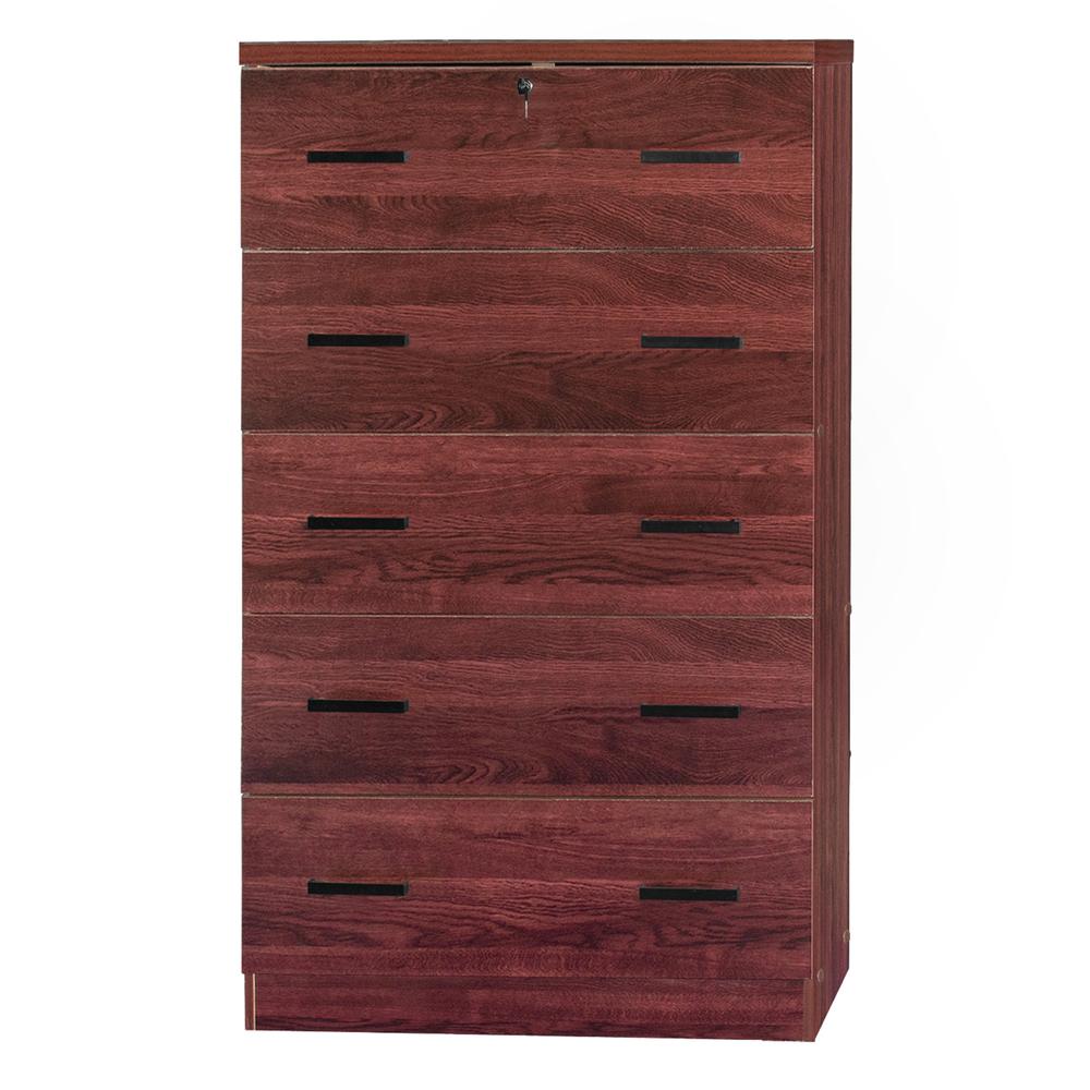 Better Home Products Cindy 5 Drawer Chest Wooden Dresser with Lock in Mahogany. Picture 2