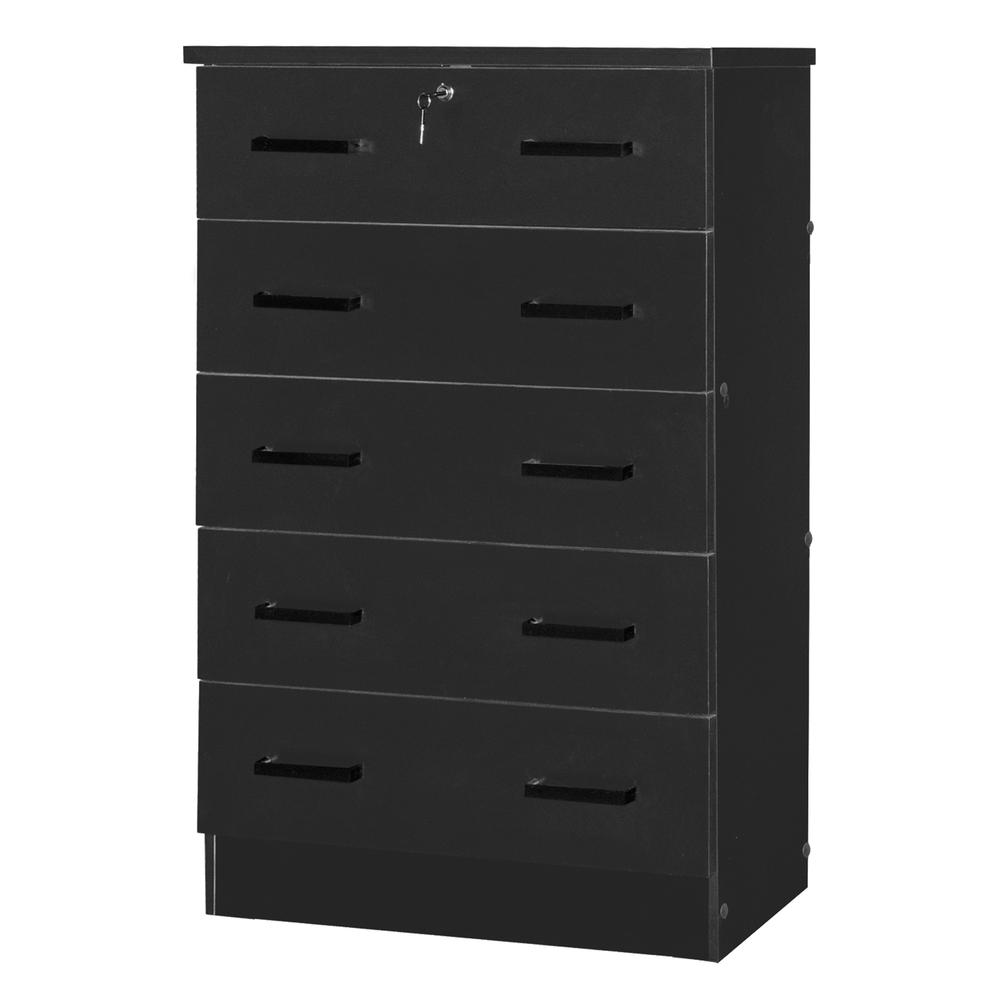 Better Home Products Cindy 5 Drawer Chest Wooden Dresser with Lock in Black. Picture 1