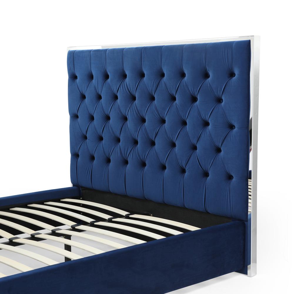 Better Home Products Sophia Velvet Queen Bed with Silver Metal Frame in Blue. Picture 6