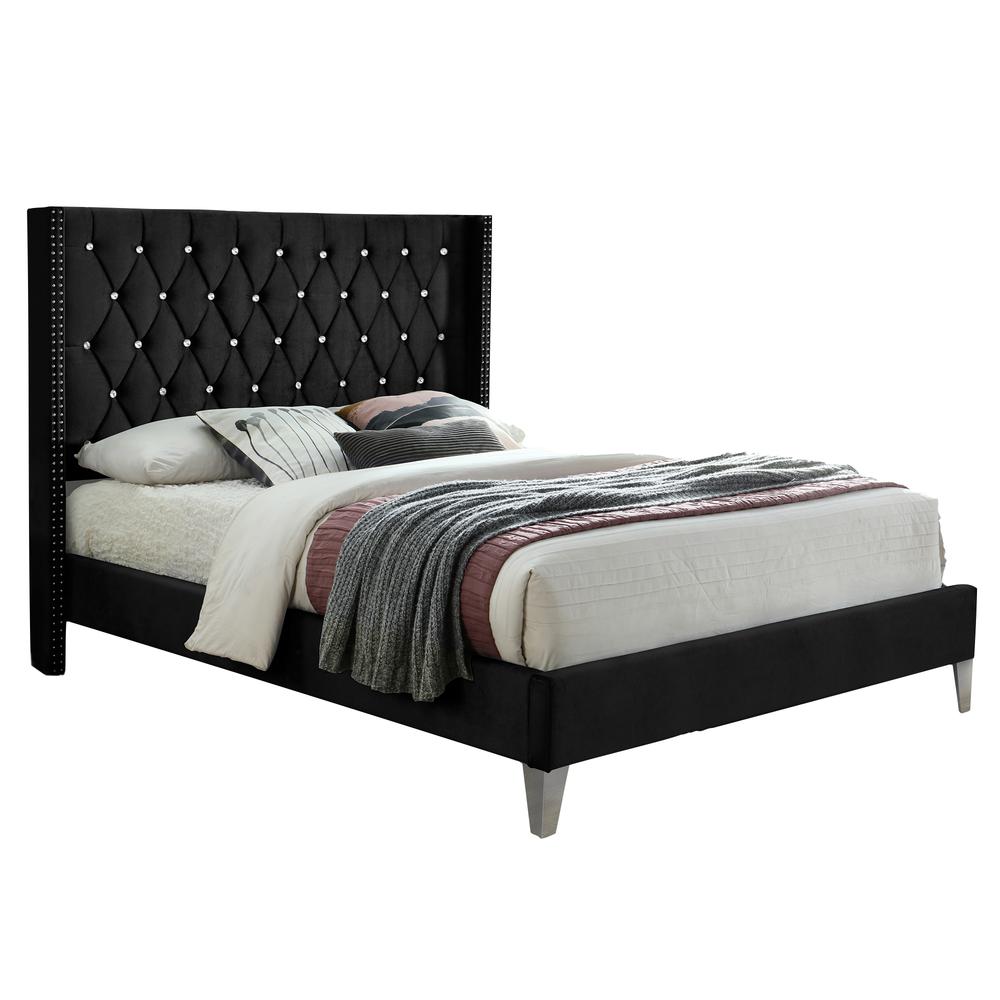 Better Home Products Alexa Velvet Upholstered Queen Platform Bed in Black. Picture 1