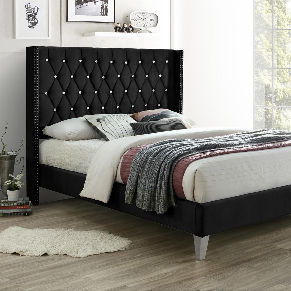 Better Home Products Alexa Velvet Upholstered Queen Platform Bed in Black. Picture 2