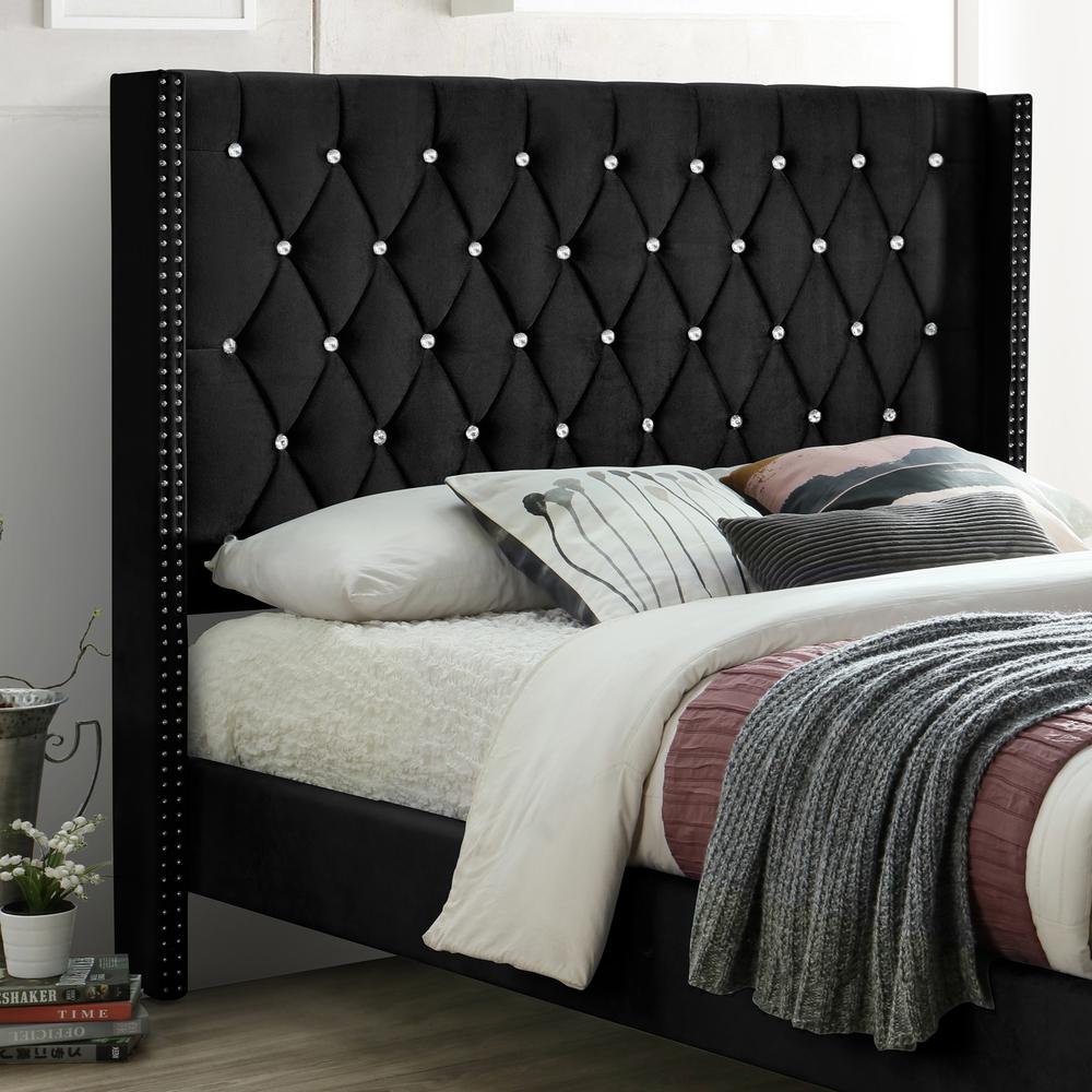Better Home Products Alexa Velvet Upholstered Queen Platform Bed in Black. Picture 3
