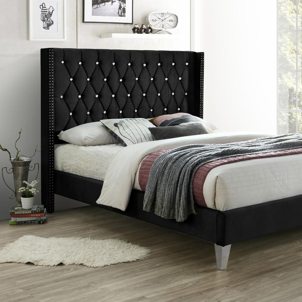 Better Home Products Alexa Velvet Upholstered Queen Platform Bed in Black. Picture 5