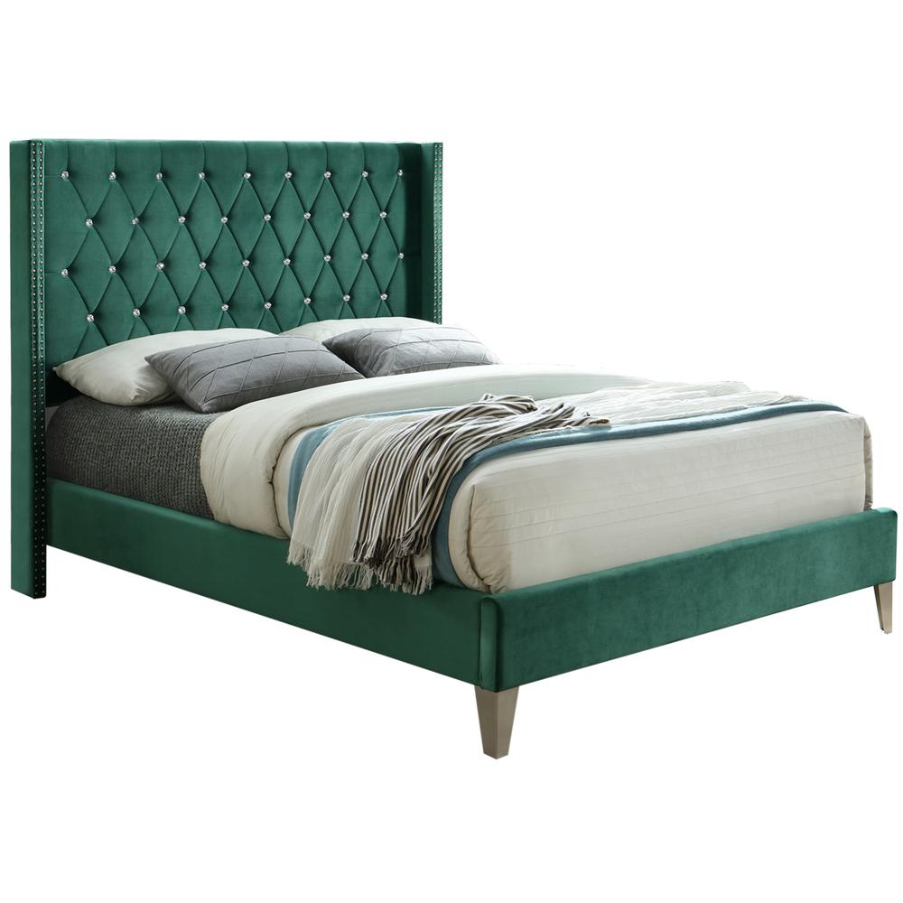 Better Home Products Alexa Velvet Upholstered Queen Platform Bed in Green. Picture 1