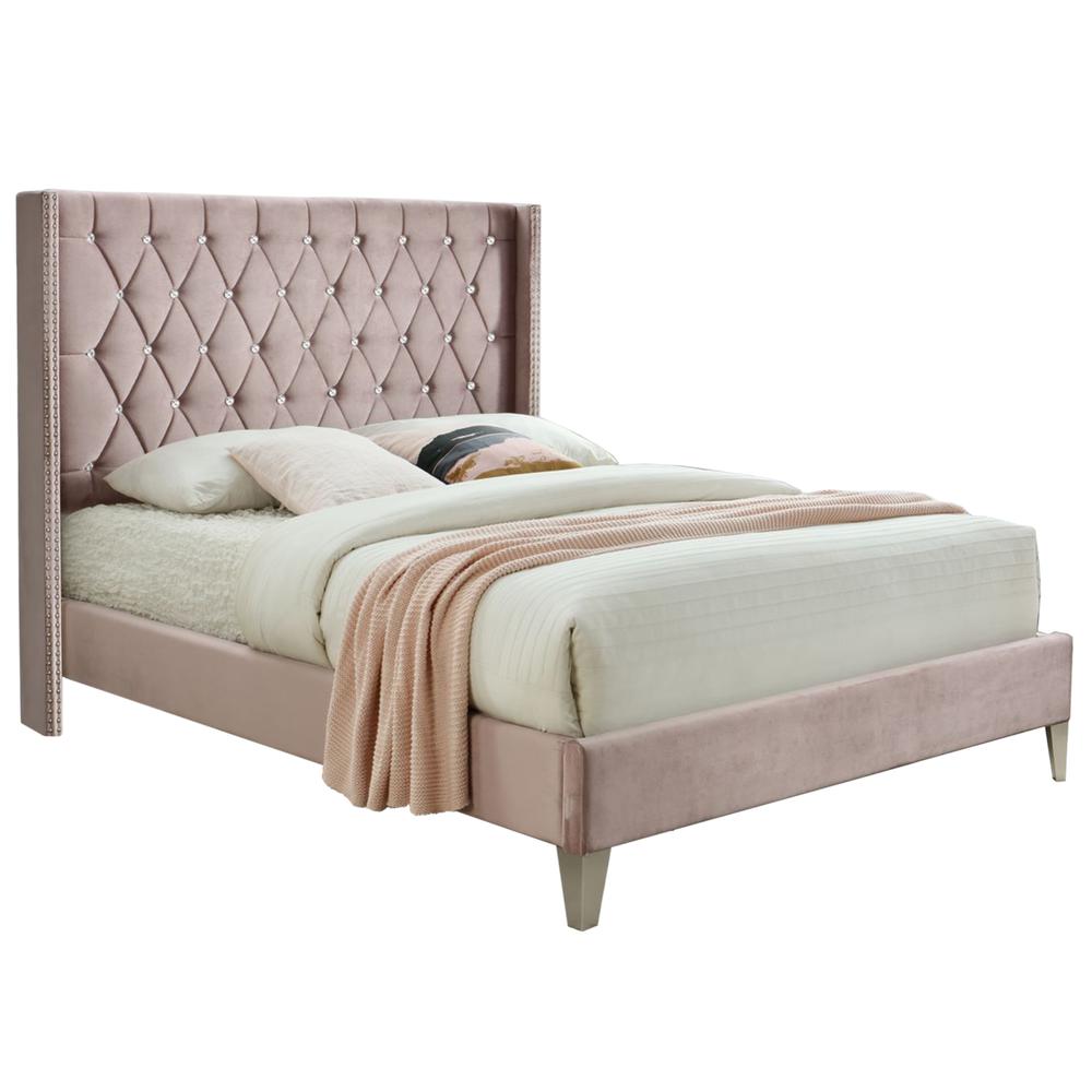 Better Home Products Alexa Velvet Upholstered Queen Platform Bed in Pink. The main picture.