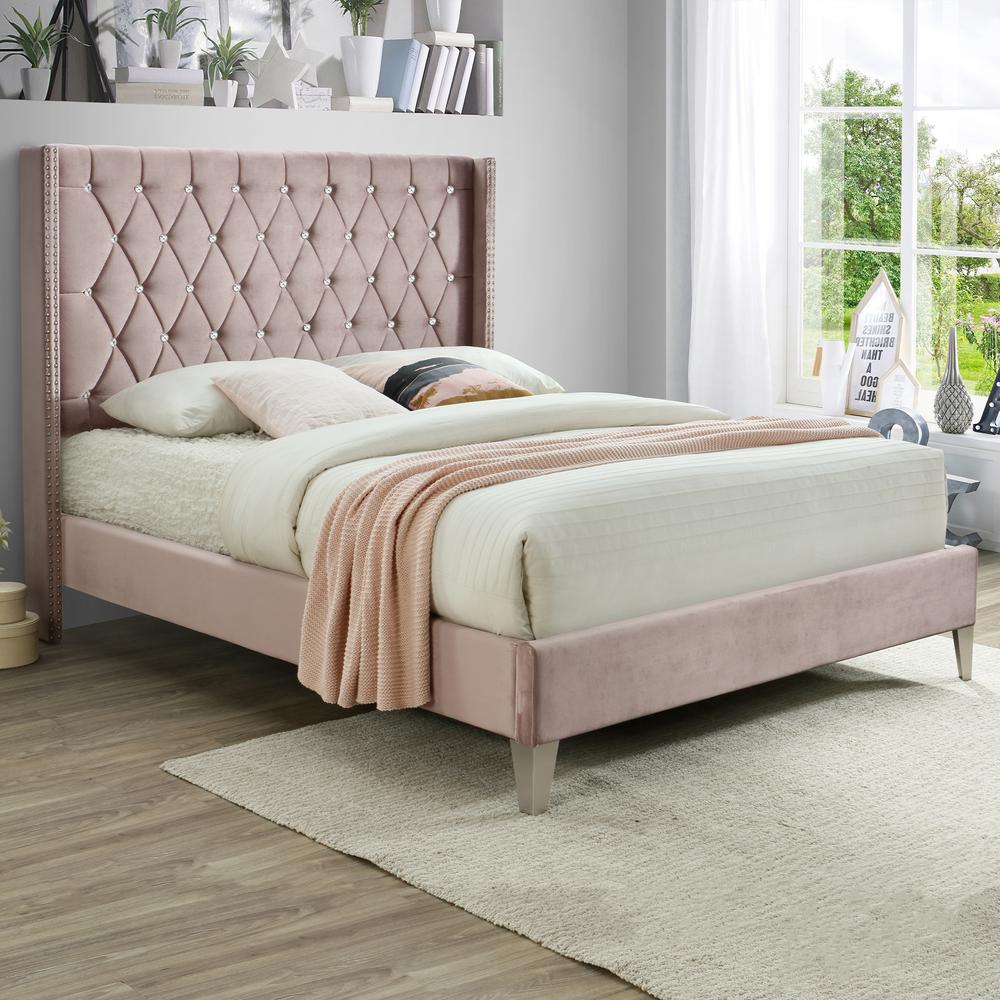 Better Home Products Alexa Velvet Upholstered Queen Platform Bed in Pink. Picture 2