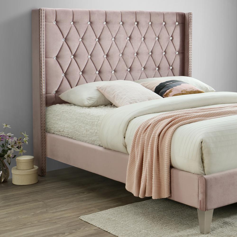 Better Home Products Alexa Velvet Upholstered Queen Platform Bed in Pink. Picture 3