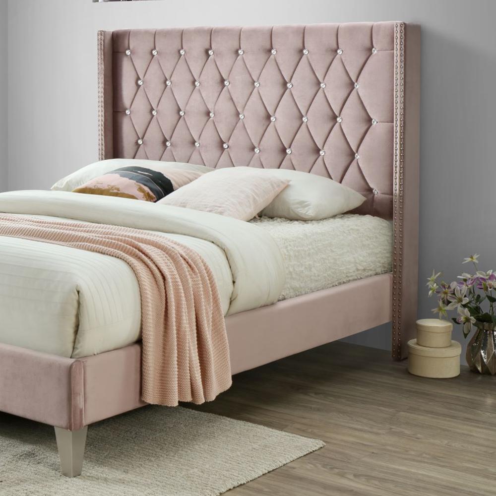 Better Home Products Alexa Velvet Upholstered Queen Platform Bed in Pink. Picture 4