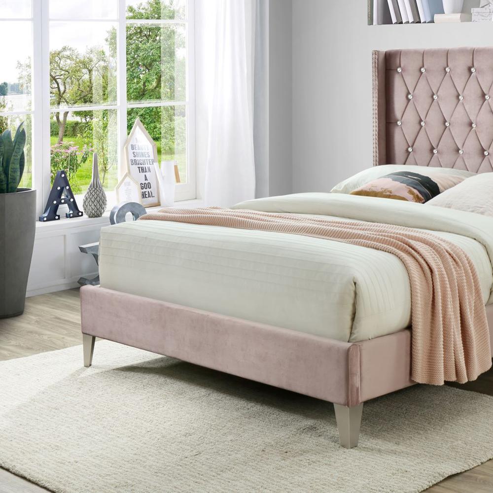 Better Home Products Alexa Velvet Upholstered Queen Platform Bed in Pink. Picture 5