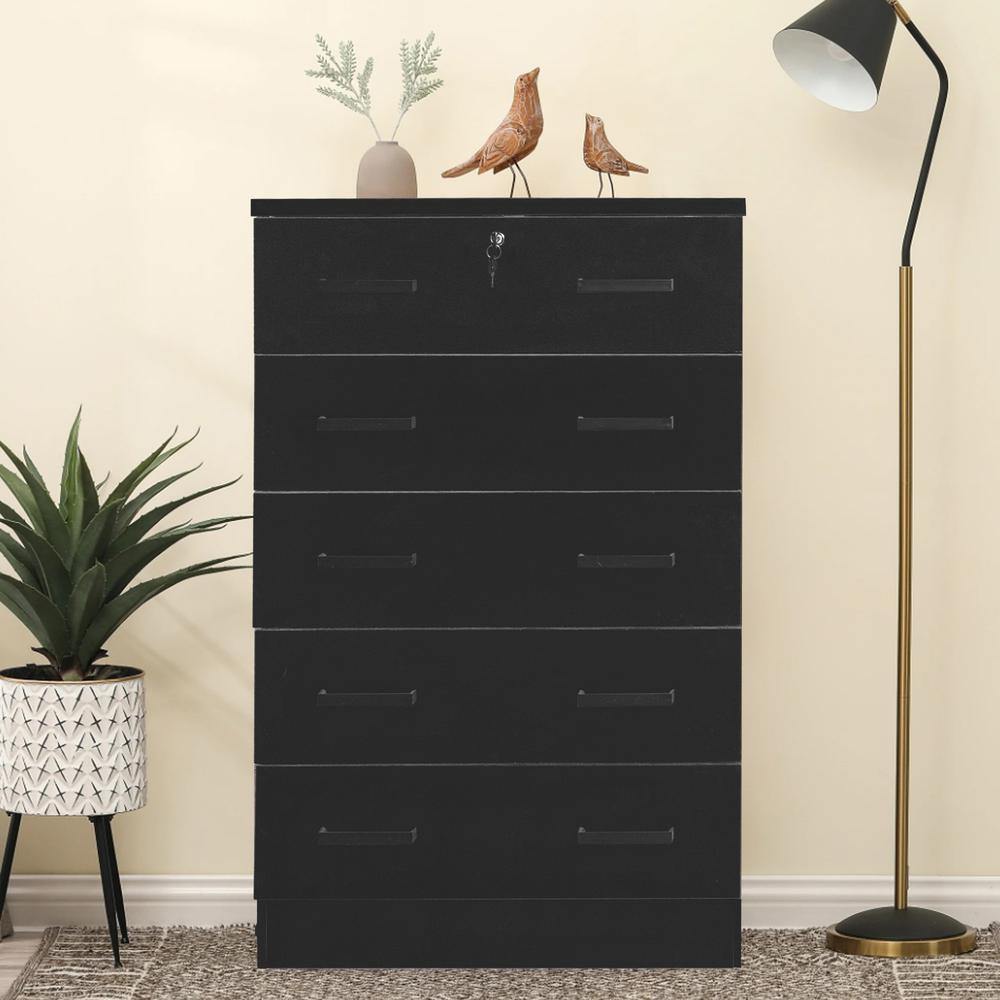 Better Home Products Cindy 5 Drawer Chest Wooden Dresser with Lock in Black. Picture 5