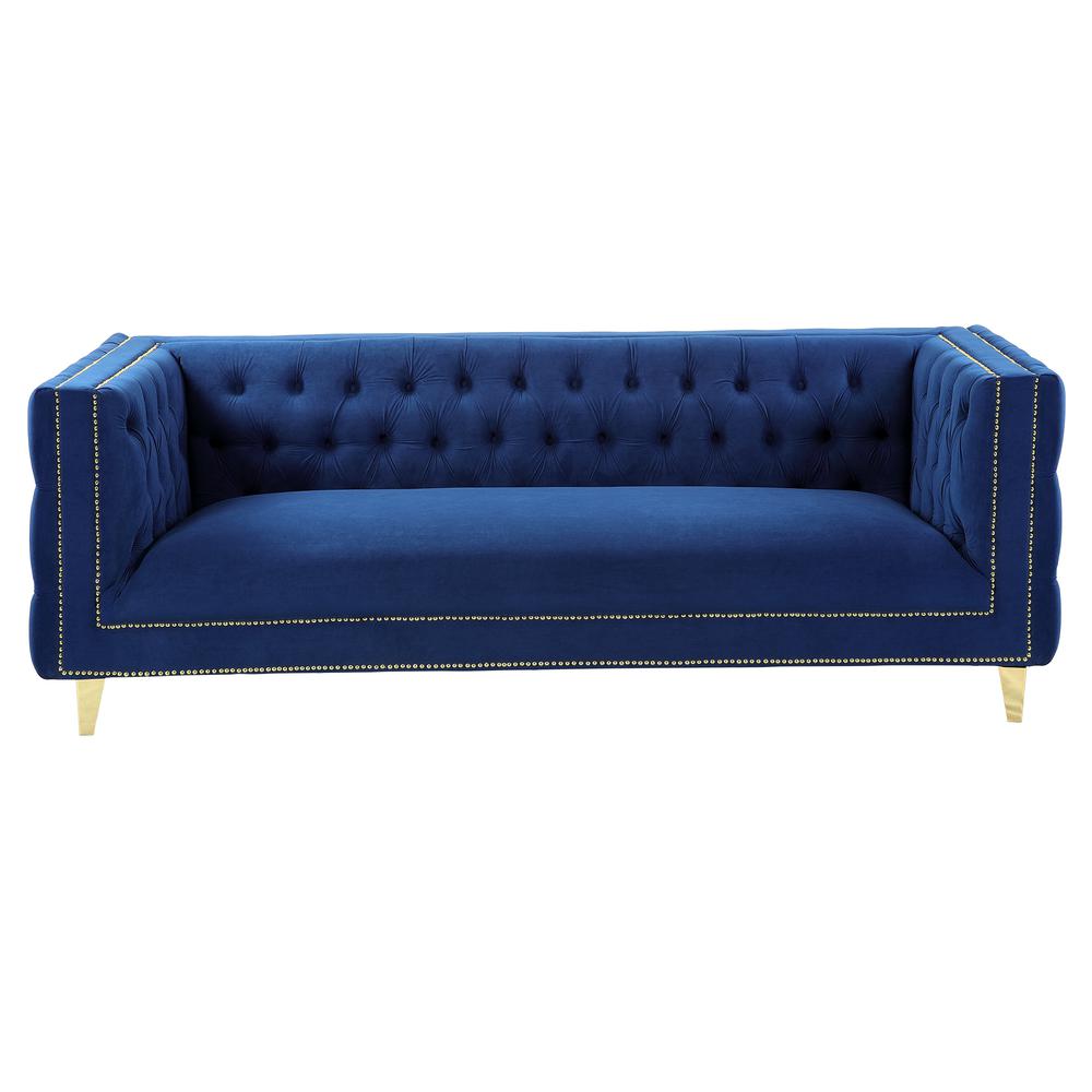 Luxe Velvet Sofa with Gold Legs, Gold Nail head Trim and Button-Tufted Design. Picture 1