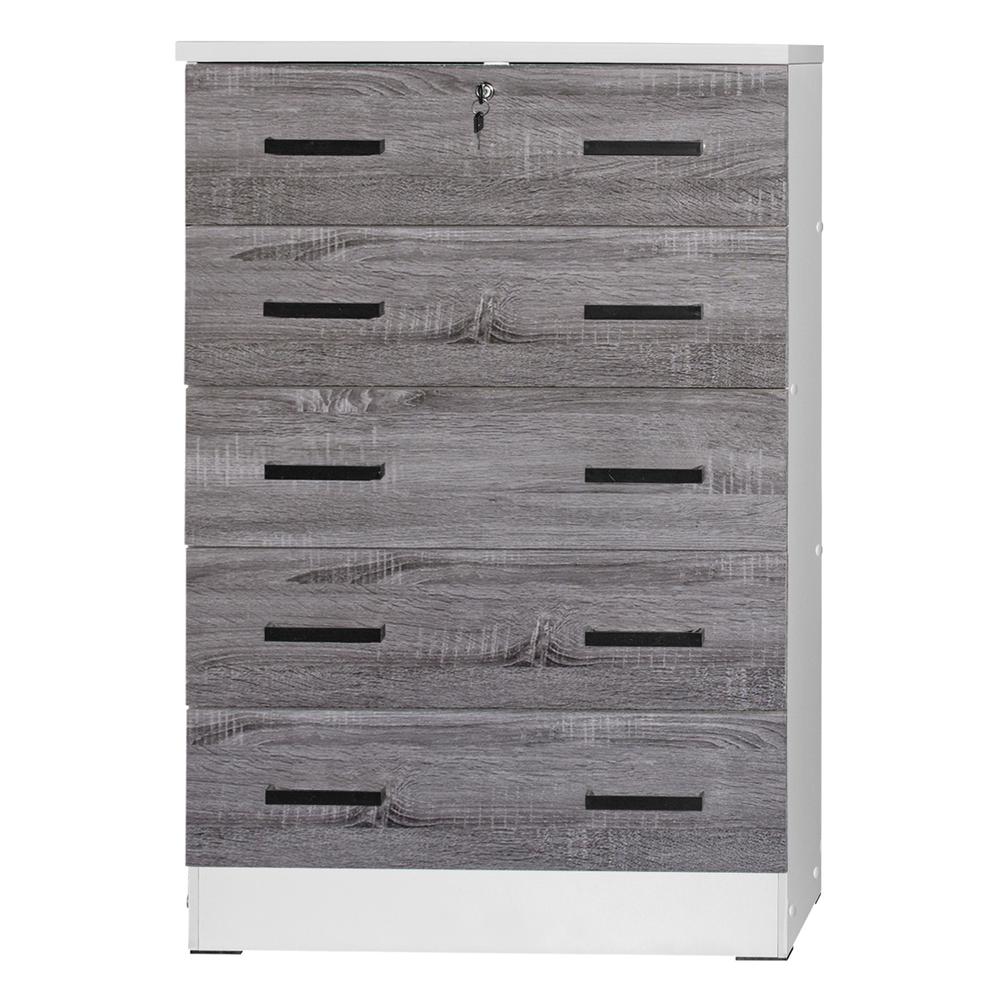 Better Home Products Cindy 5 Drawer Chest Wooden Dresser with Lock in White/Gray. Picture 8