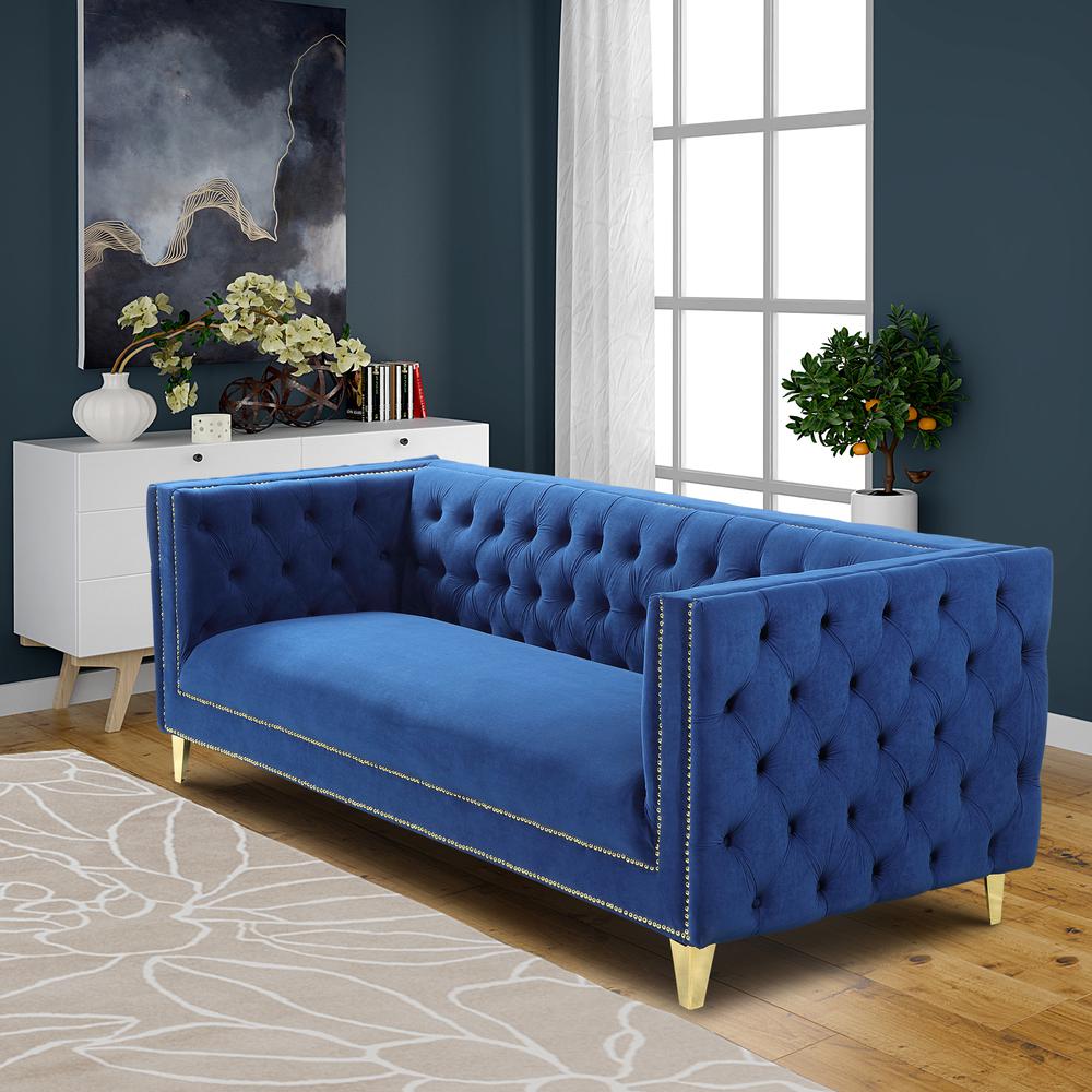 Luxe Velvet Sofa with Gold Legs, Gold Nail head Trim and Button-Tufted Design. Picture 22