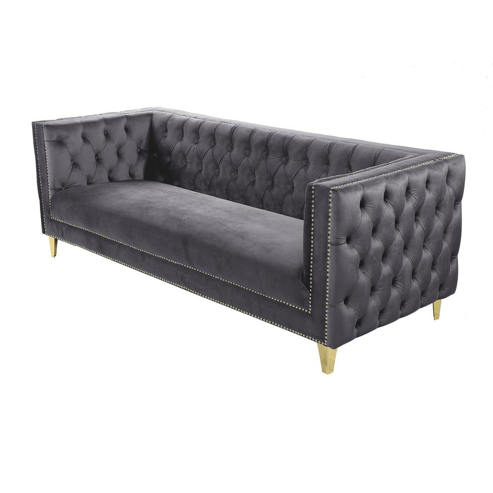 Luxe Velvet Sofa with Gold Legs, Gold Nail head Trim and Button-Tufted Design. Picture 4