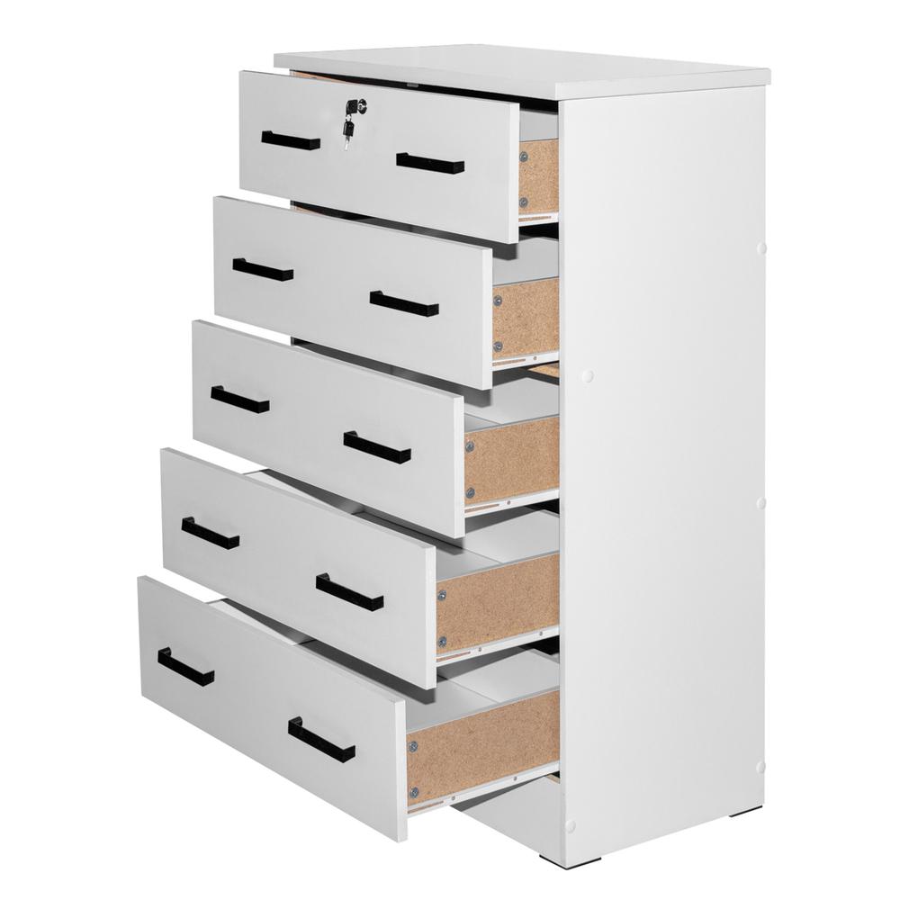 Better Home Products Cindy 5 Drawer Chest Wooden Dresser with Lock in White. Picture 2