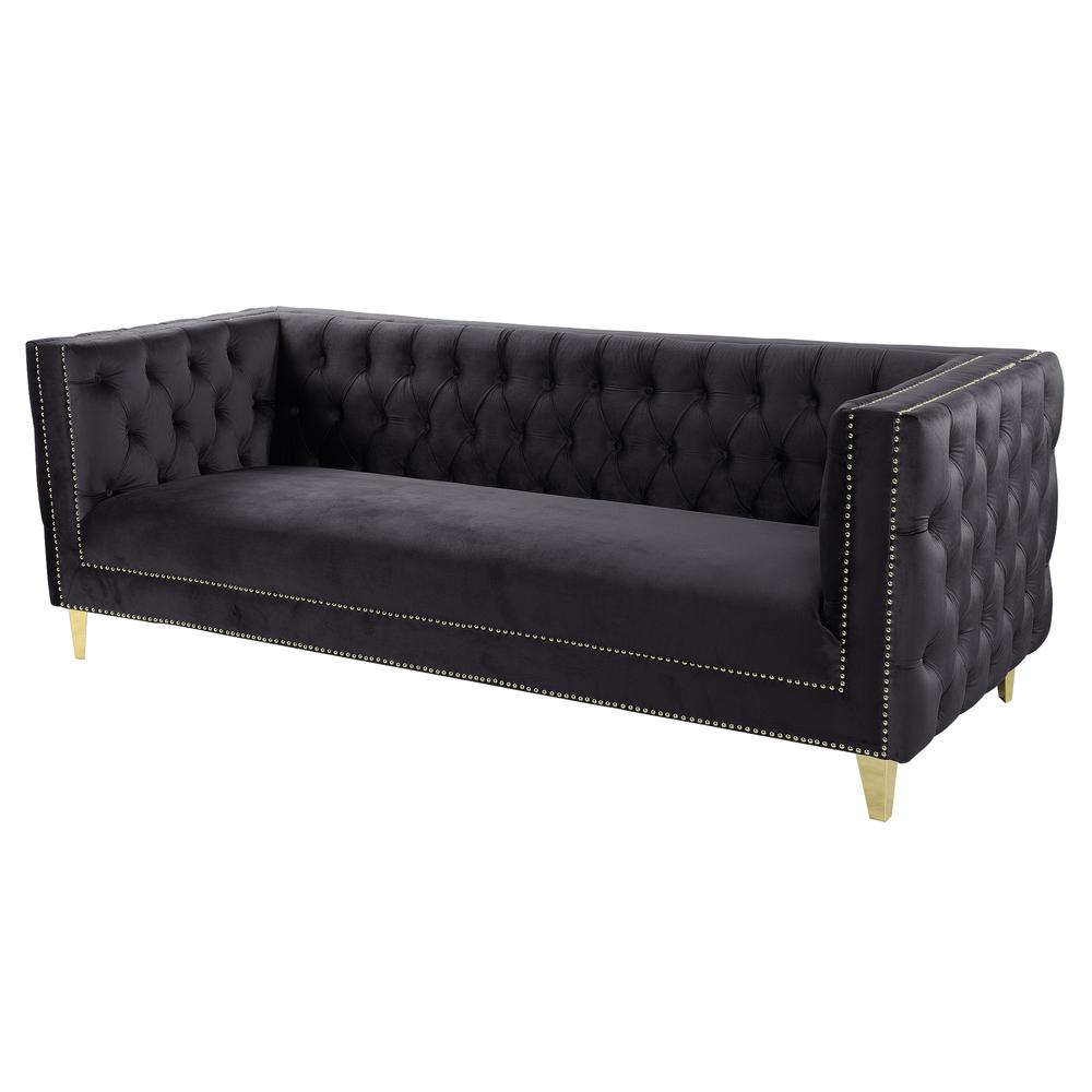 Luxe Velvet Sofa with Gold Legs, Gold Nail head Trim and Button-Tufted Design. Picture 6