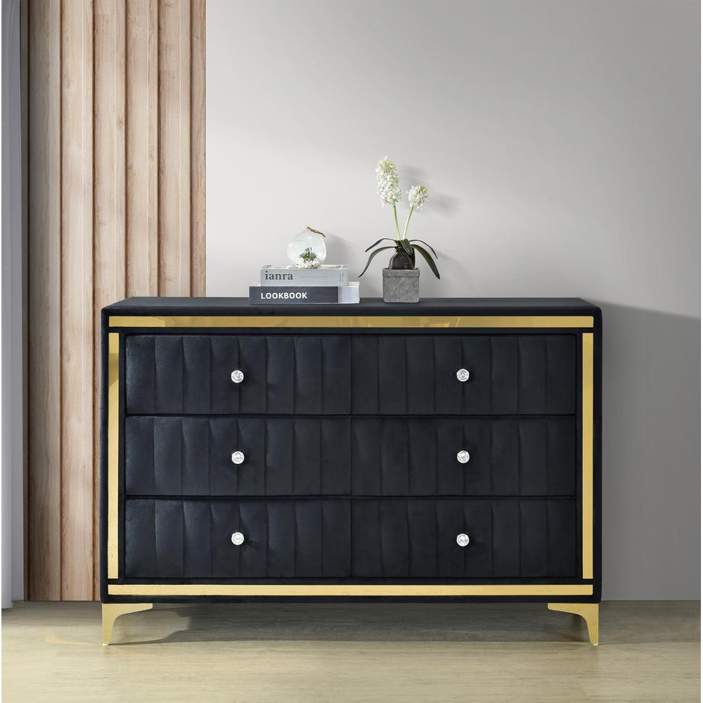 Velvet 6 Drawer Dresser with Gold Legs and Trim. Picture 11