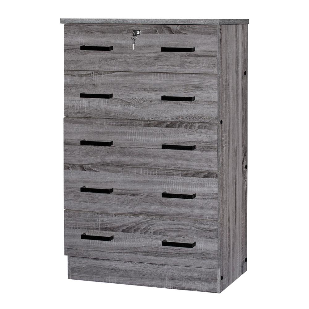 Better Home Products Cindy 5 Drawer Chest Wooden Dresser with Lock in Gray. Picture 1