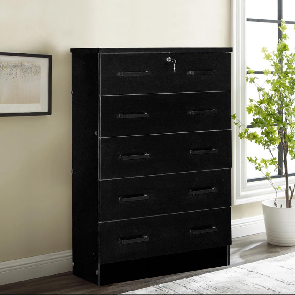 Better Home Products Cindy 5 Drawer Chest Wooden Dresser with Lock in Black. Picture 7