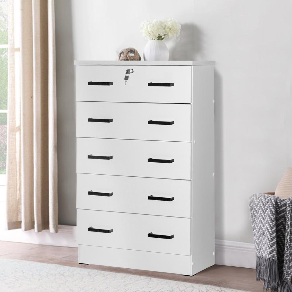 Better Home Products Cindy 5 Drawer Chest Wooden Dresser with Lock in White. Picture 6