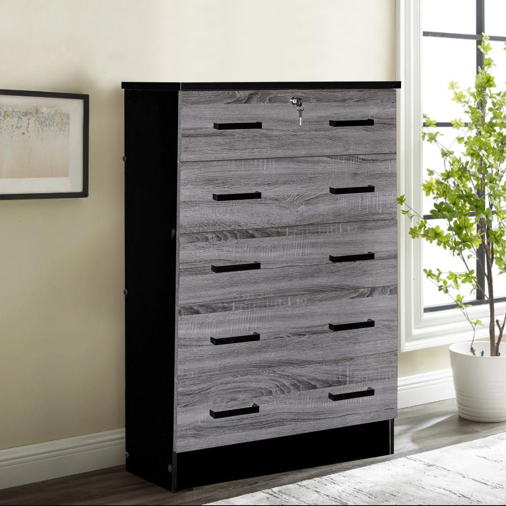 Better Home Products Cindy 5 Drawer Chest Wooden Dresser with Lock in Ebony. Picture 7