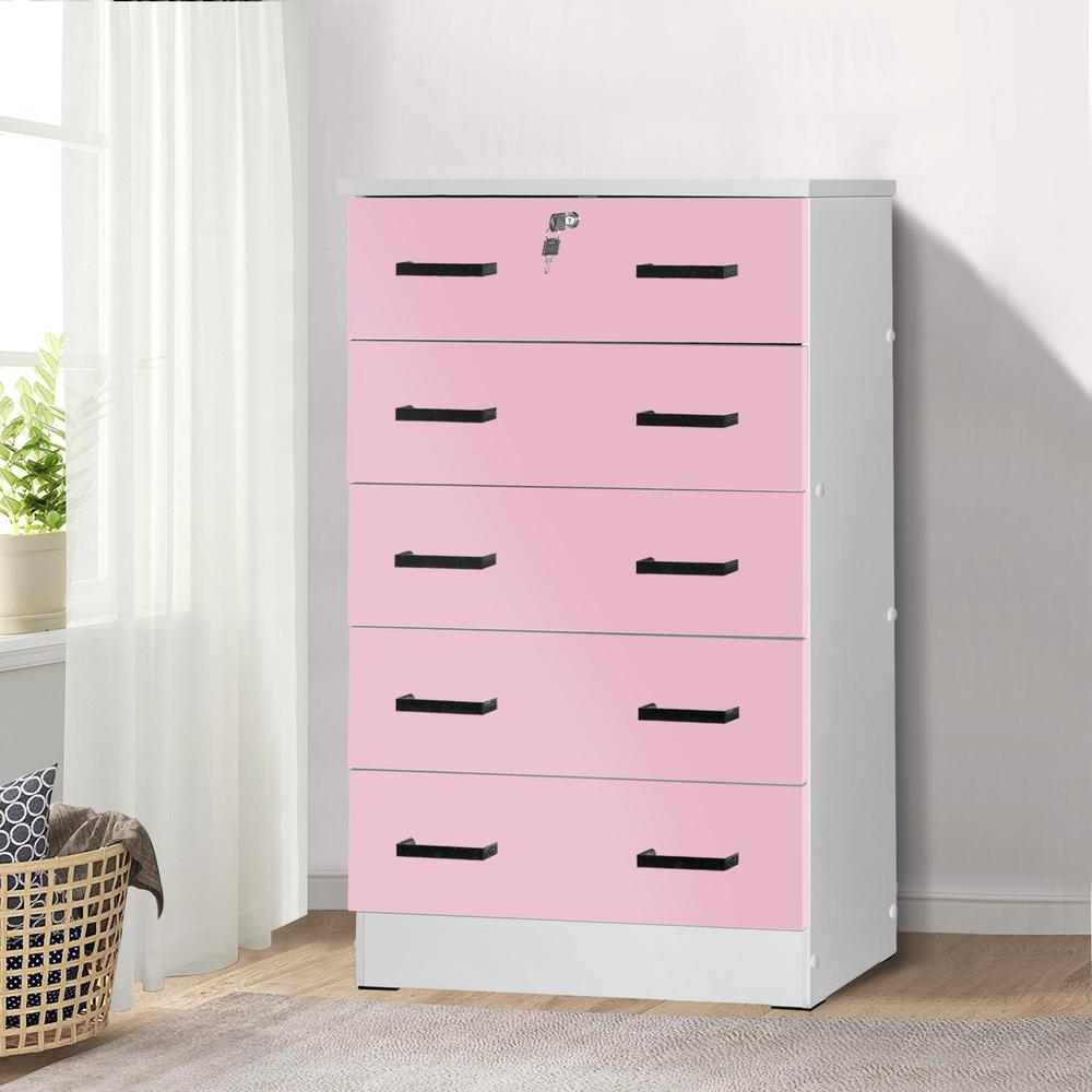 Better Home Products Cindy 5 Drawer Chest Wooden Dresser with Lock in Pink. Picture 8