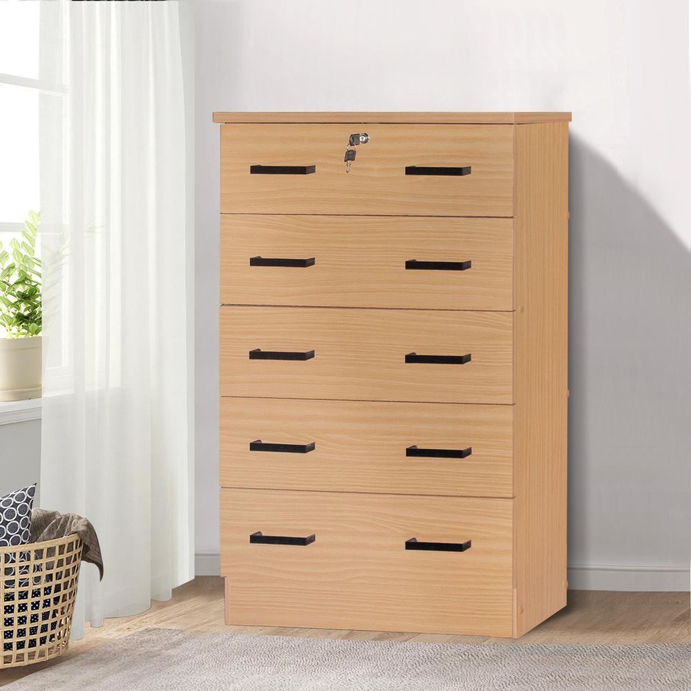 Better Home Products Cindy 5 Drawer Chest Wooden Dresser with Lock Beech (Maple). Picture 9