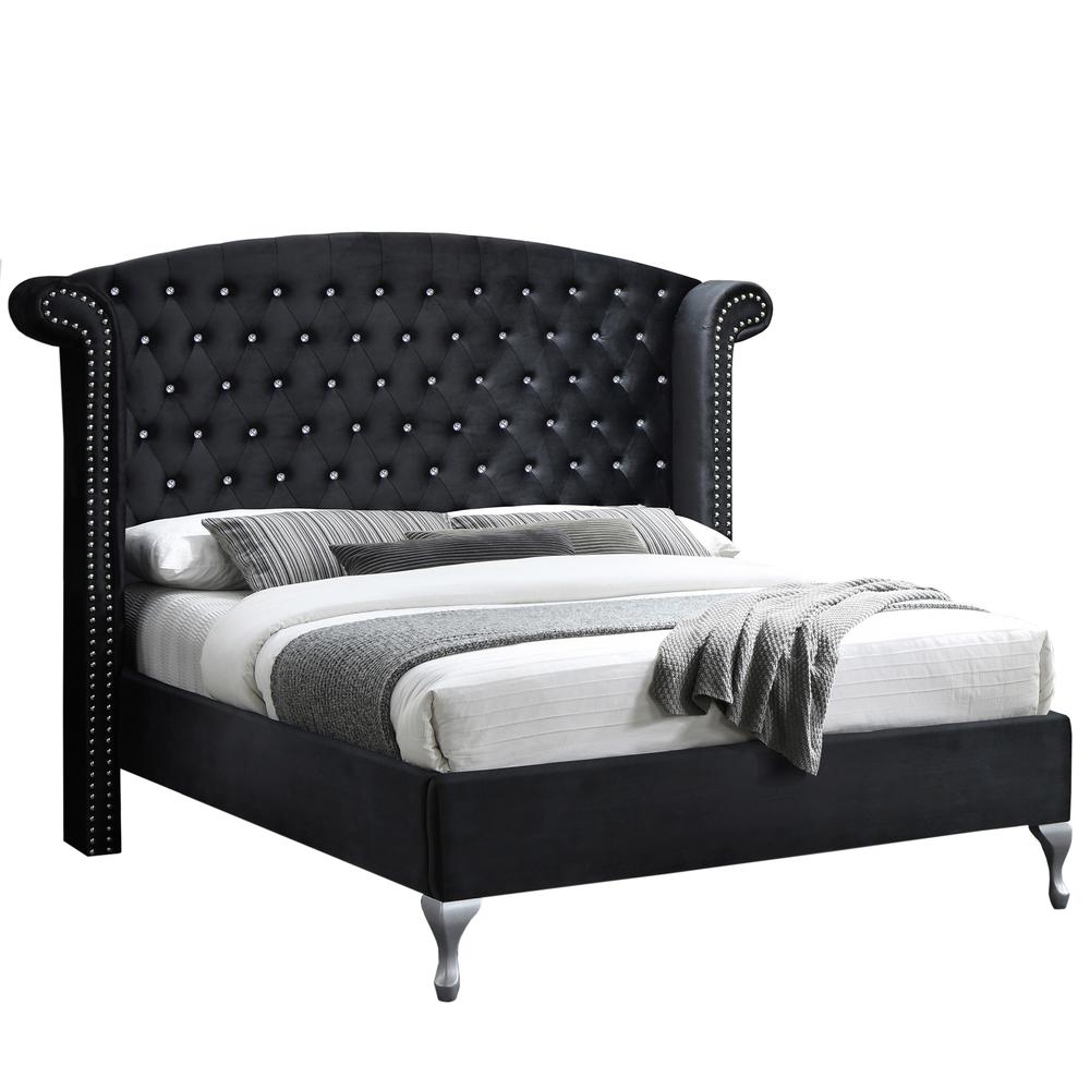 Better Home Products Cleopatra Crystal Tufted Velvet Platform Full Bed in Black. Picture 1