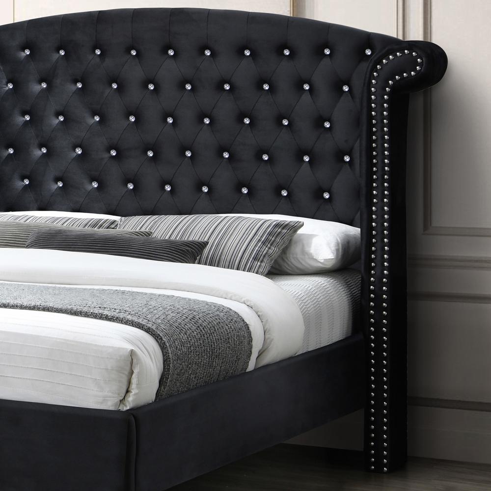 Better Home Products Cleopatra Crystal Tufted Velvet Platform Full Bed in Black. Picture 3