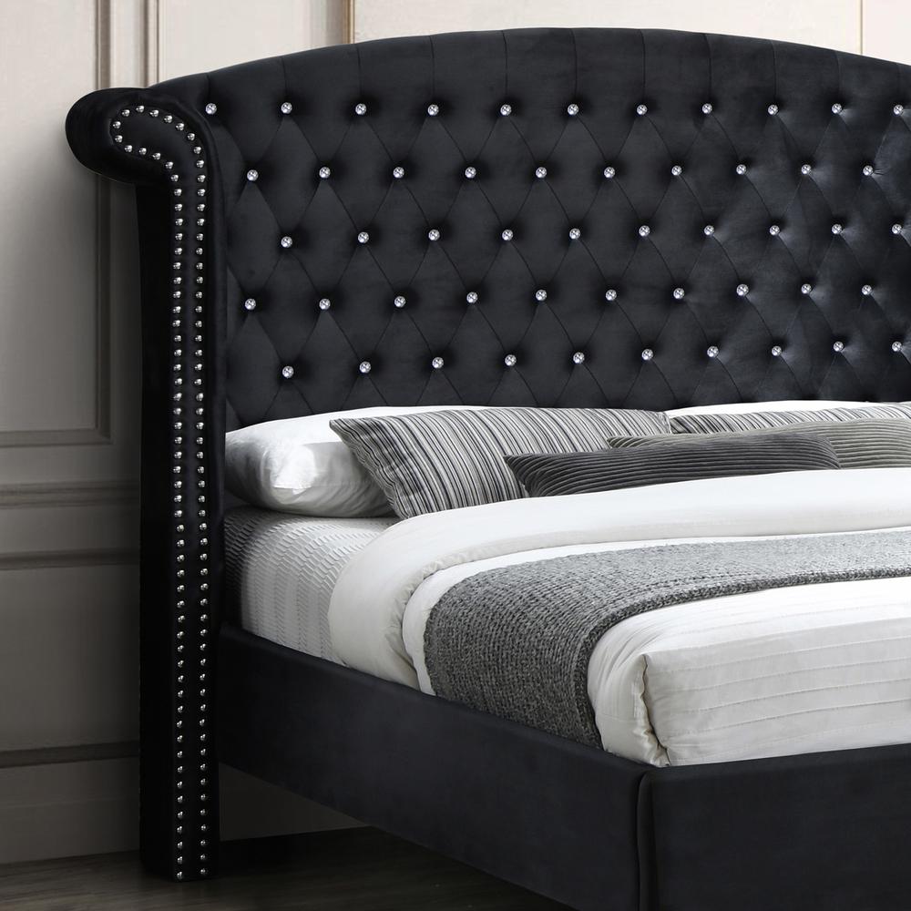 Better Home Products Cleopatra Crystal Tufted Velvet Platform Full Bed in Black. Picture 4