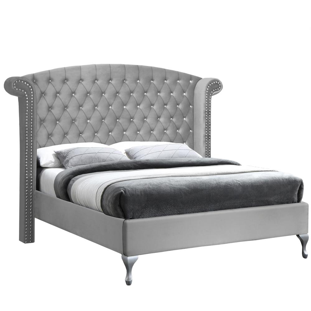 Better Home Products Cleopatra Crystal Tufted Velvet Platform Bed in Gray. Picture 1