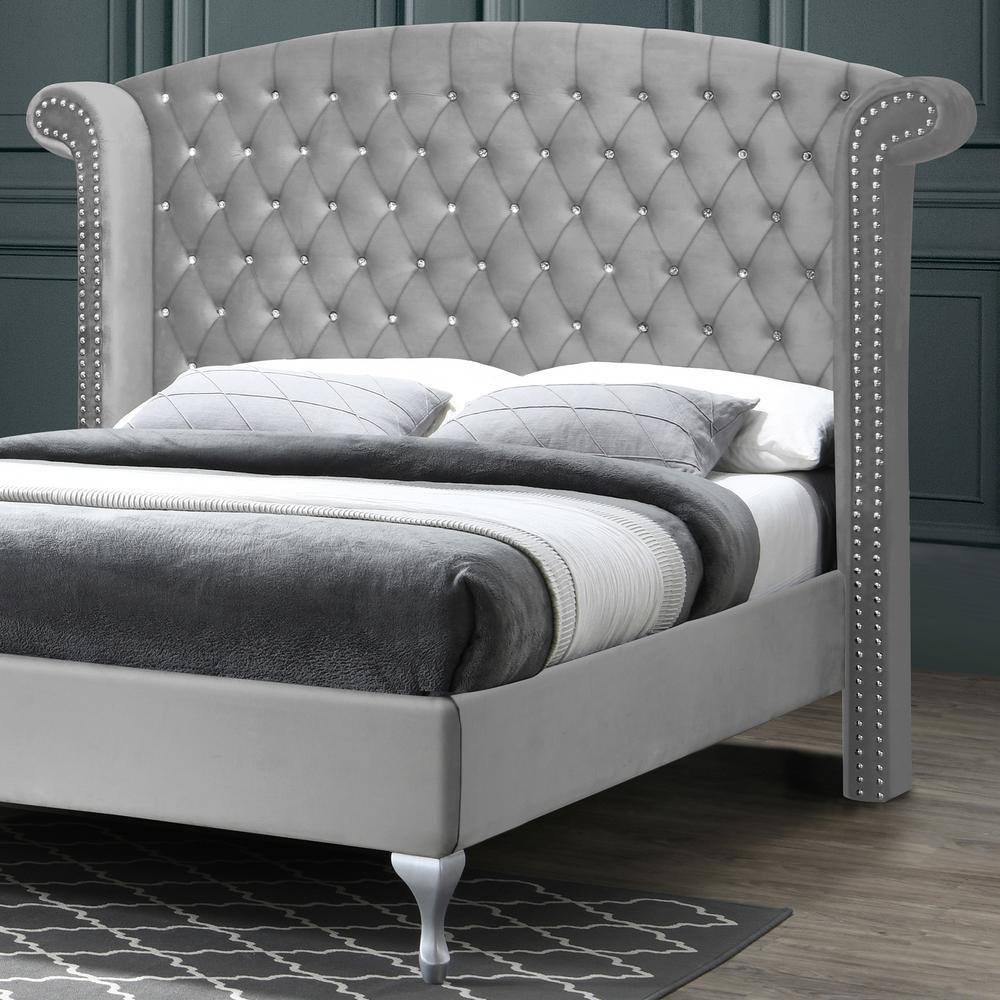 Better Home Products Cleopatra Crystal Tufted Velvet Platform Bed in Gray. Picture 4