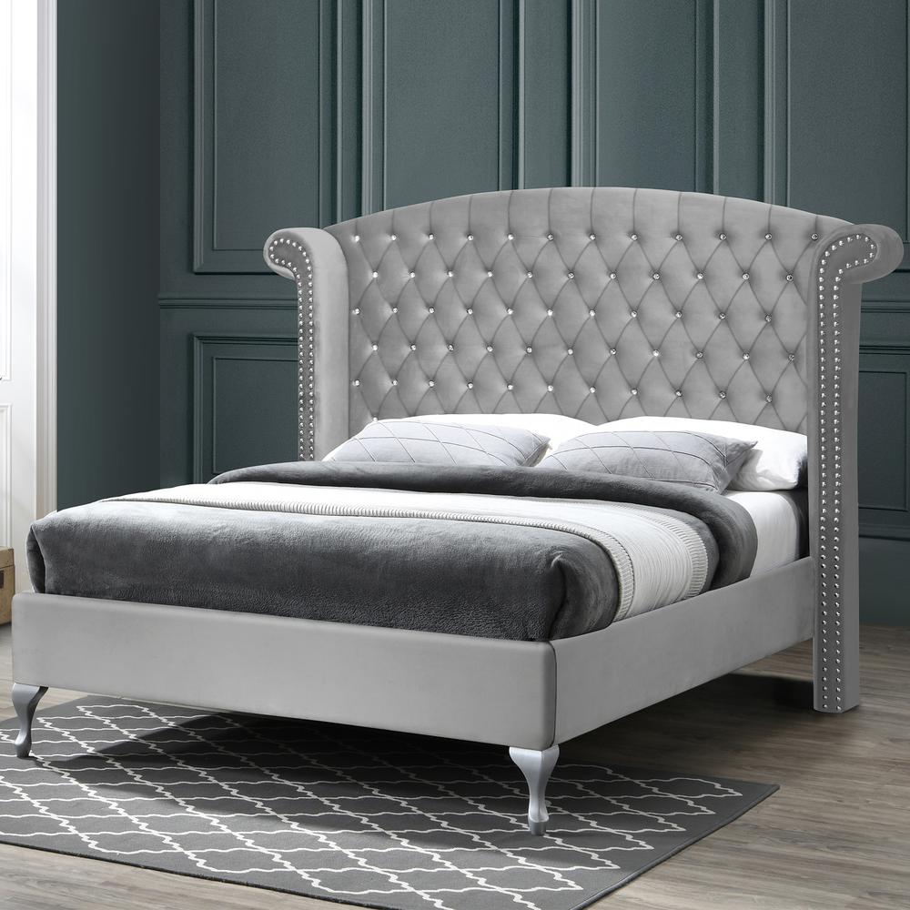 Better Home Products Cleopatra Crystal Tufted Velvet Platform Bed in Gray. Picture 7