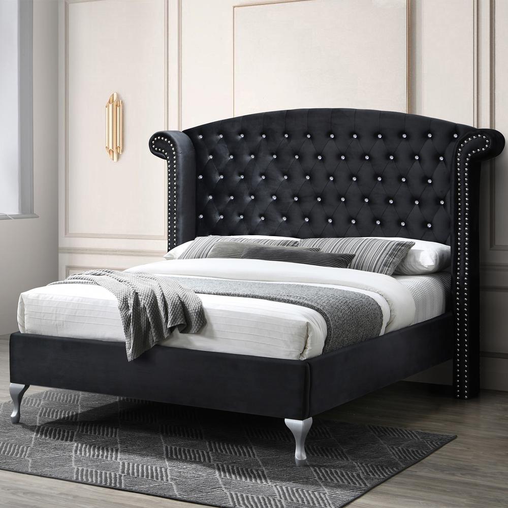 Better Home Products Cleopatra Crystal Tufted Velvet Platform Queen Bed in Black. Picture 7