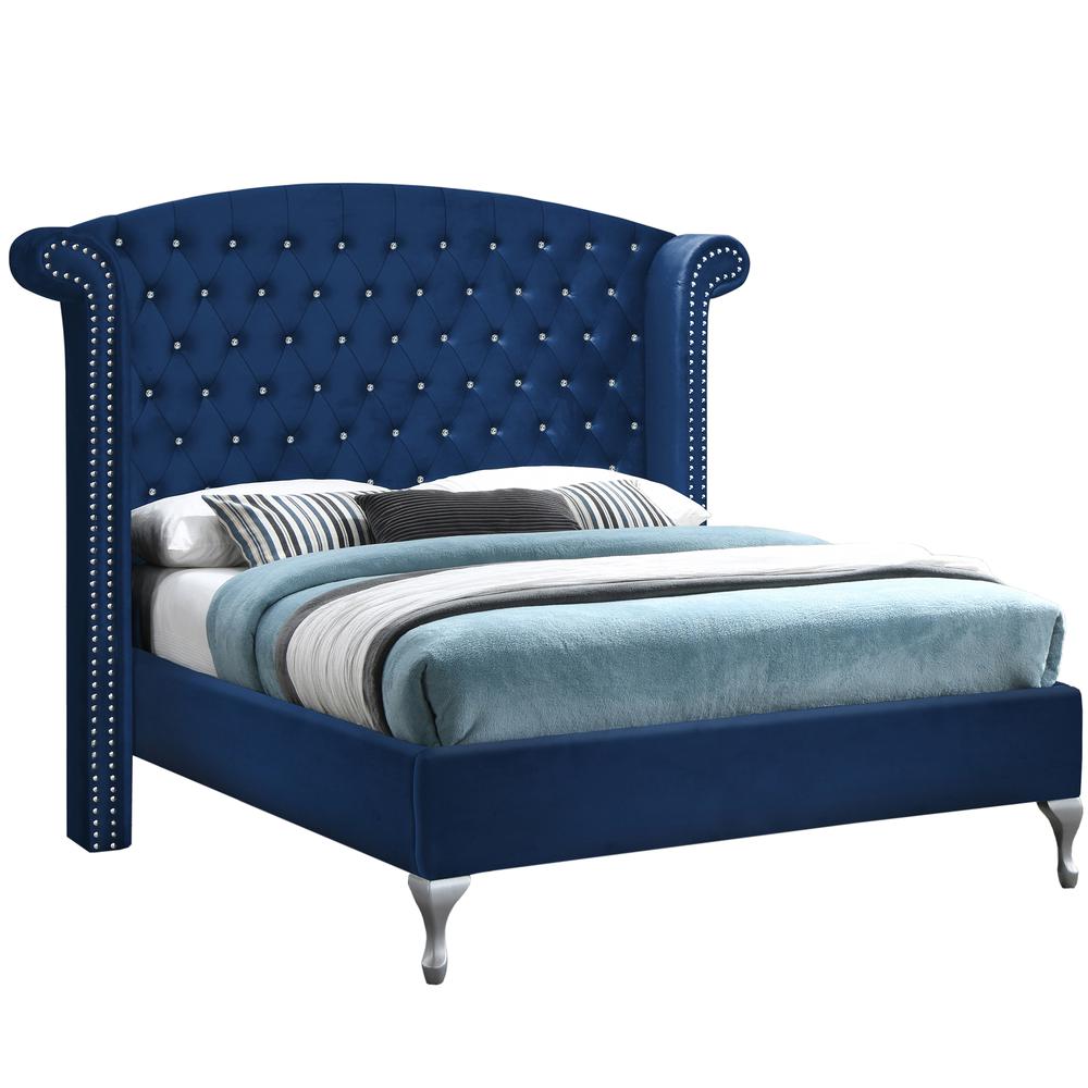 Better Home Products Cleopatra Crystal Tufted Velvet Platform Queen Bed in Blue. Picture 1
